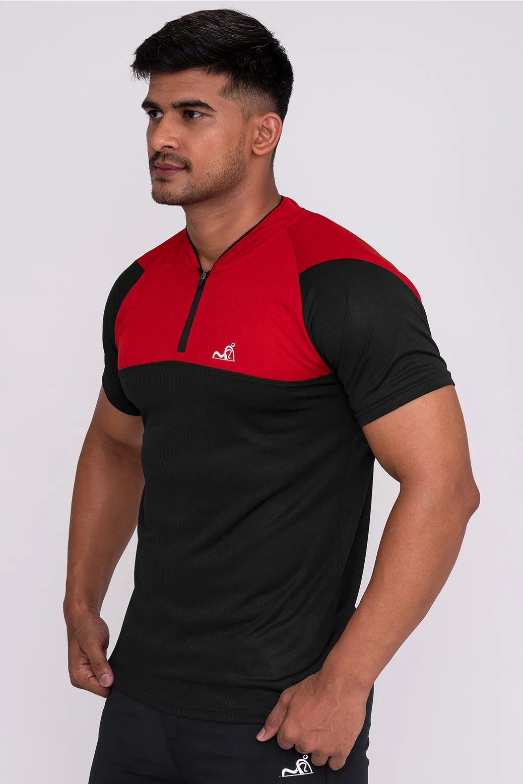 Stand Neck Semi Collar T-Shirts Charcoal Red (D)