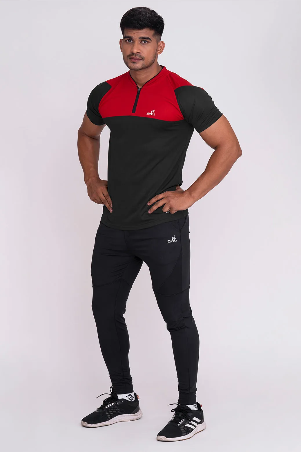 Stand Neck Semi Collar T-Shirts Charcoal Red (D)