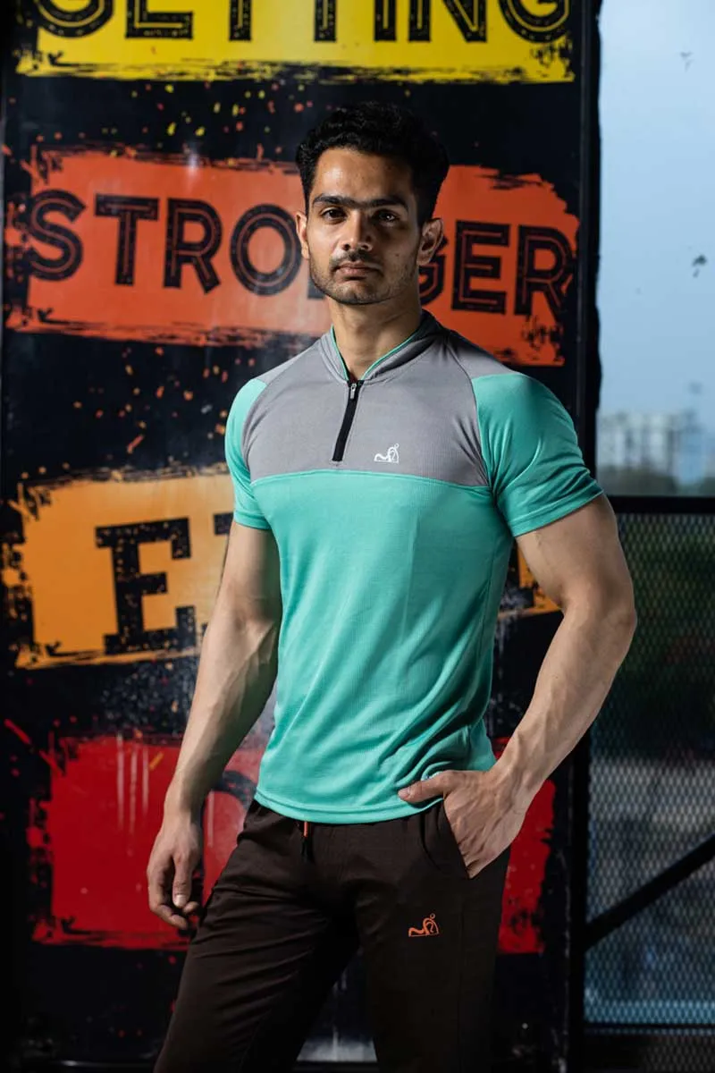 Stand Neck Semi Collar T-Shirts Mint Green Light Grey