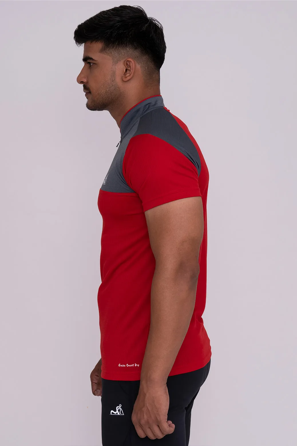 Stand Neck Semi Collar T-Shirts Red Dark Grey