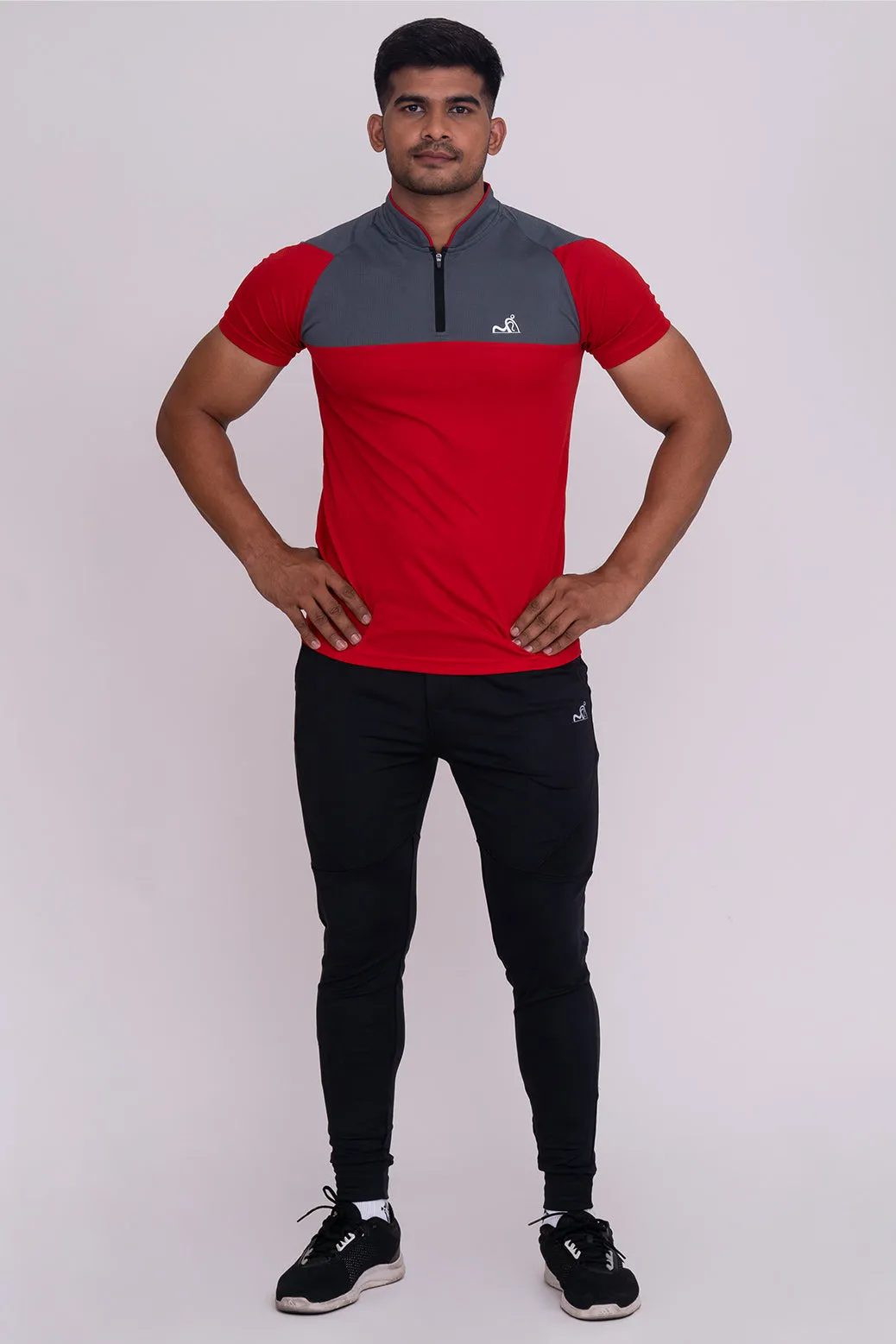 Stand Neck Semi Collar T-Shirts Red Dark Grey