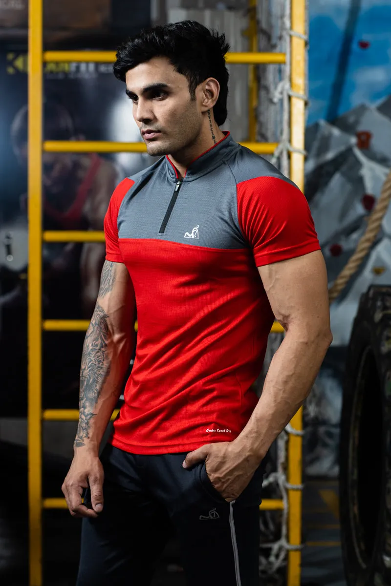 Stand Neck Semi Collar T-Shirts Red Dark Grey