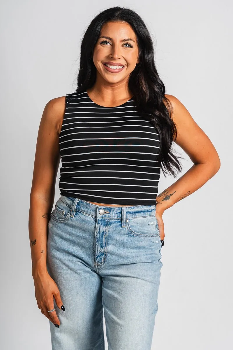 Striped crop tank top black