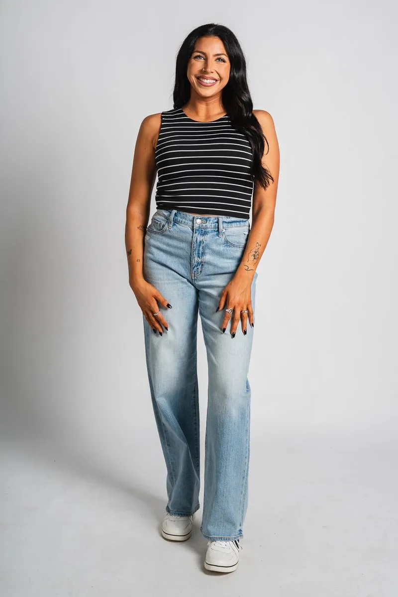 Striped crop tank top black