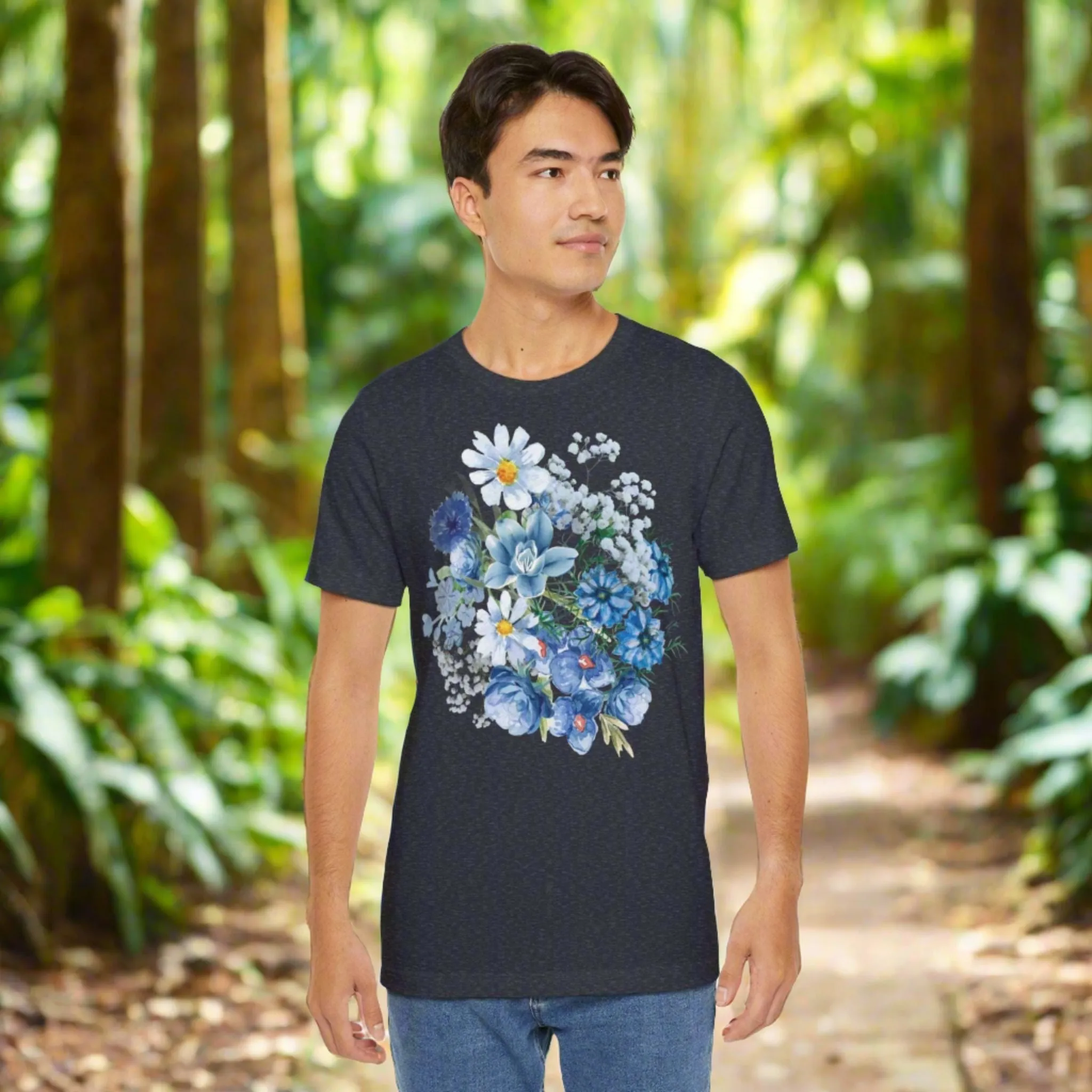Unisex Vintage Gardening Style Blue Flower Jersey Short Sleeve Tee