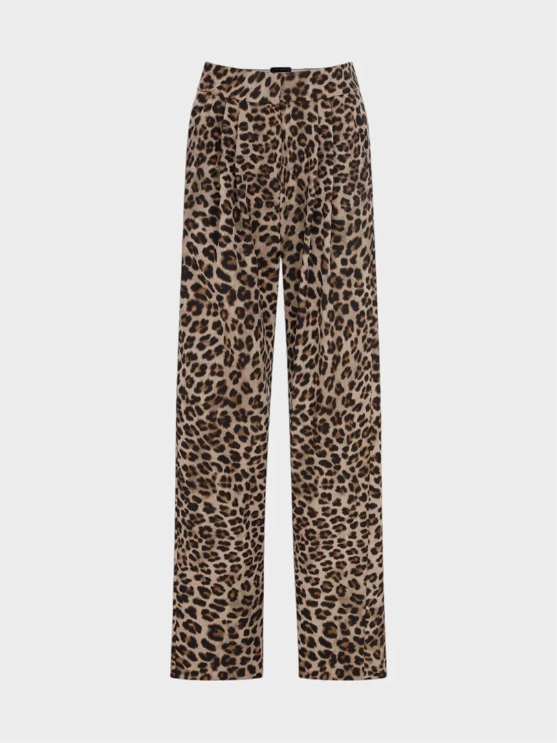 Wide Leg Trousers with Pleated Front - Leopard