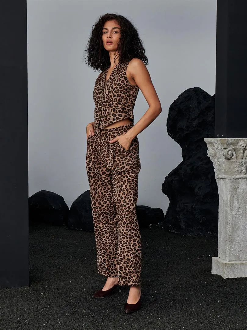 Wide Leg Trousers with Pleated Front - Leopard