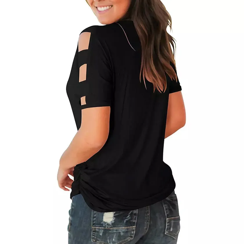 Women Short Sleeve Cut Out Cold Shoulder Tops Deep V Neck T Shirts