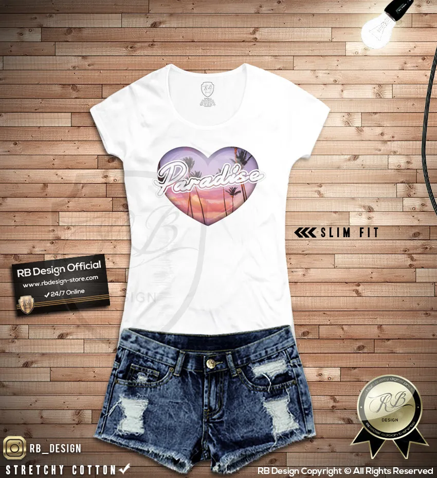 Women's Heart T-shirt Paradise Palm Trees Graphic Top WD194