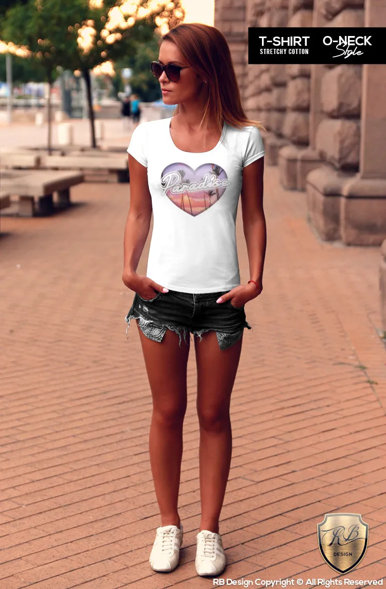 Women's Heart T-shirt Paradise Palm Trees Graphic Top WD194