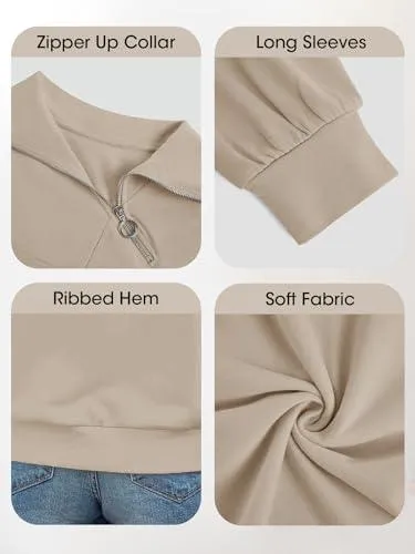Womens Zipper Sweatshirt Turtleneck Long Sleeve Pullover Casual Loose Sweatshirts Top T Shirts Khaki