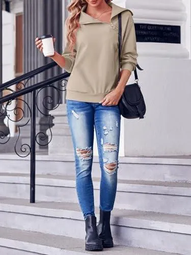 Womens Zipper Sweatshirt Turtleneck Long Sleeve Pullover Casual Loose Sweatshirts Top T Shirts Khaki