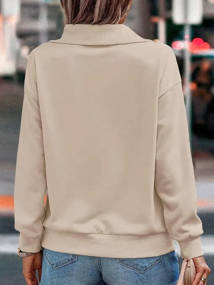 Womens Zipper Sweatshirt Turtleneck Long Sleeve Pullover Casual Loose Sweatshirts Top T Shirts Khaki